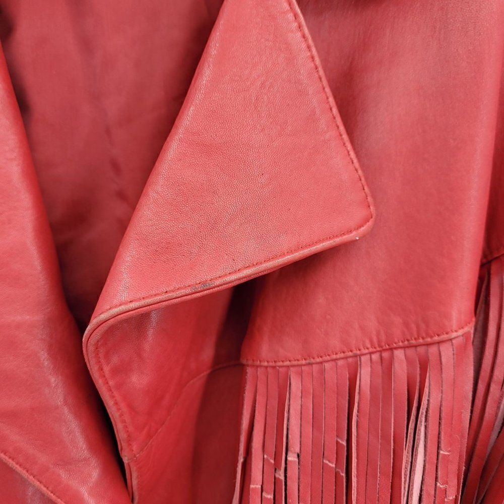 Vintage Leather Fringed Jacket Coat L Red Oversized Belted Rodeo Cowgirl Boho - Picture 13 of 16